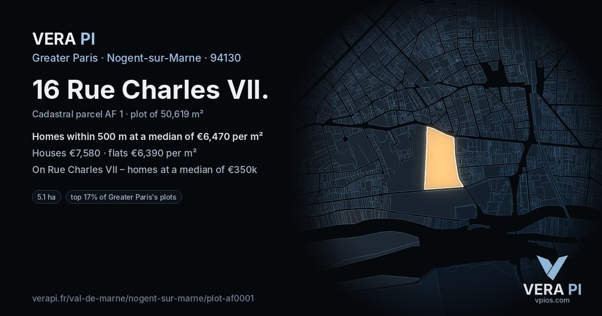 16 Rue Charles VII, Nogent-sur-Marne at night – the plot lit, the parcels around coloured by the prices near them