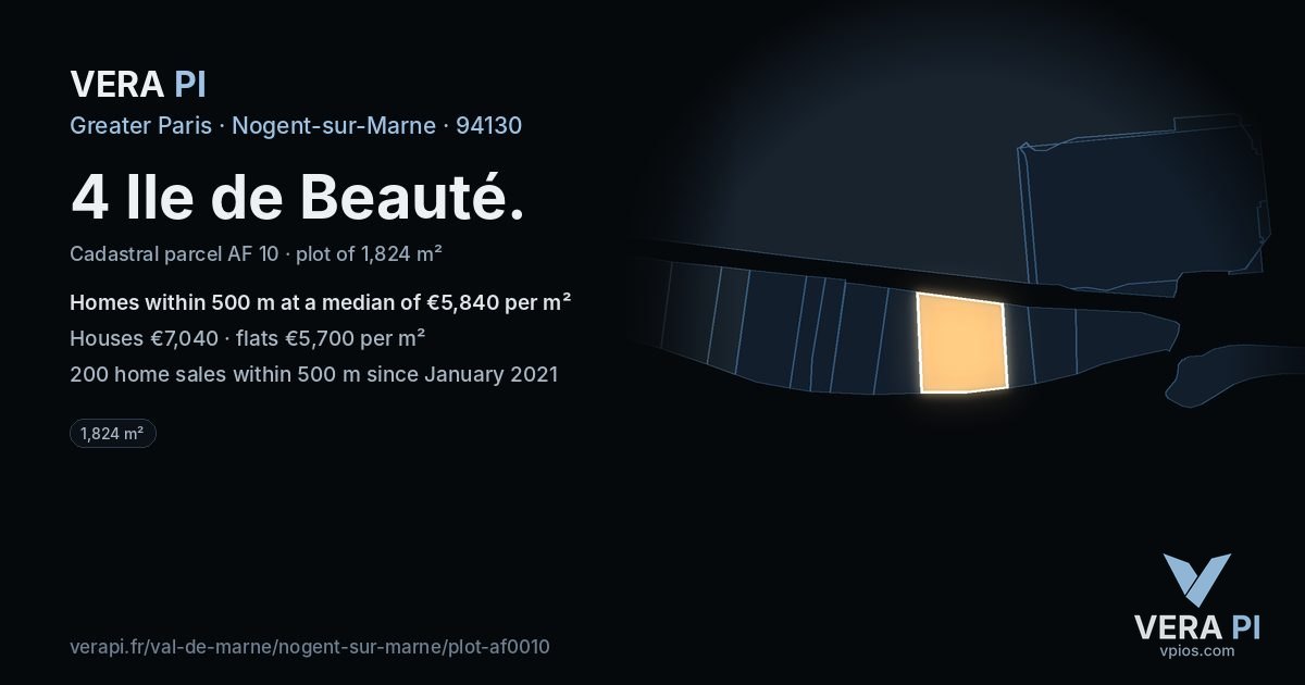4 Ile de Beauté, Nogent-sur-Marne at night – the plot lit, the parcels around coloured by the prices near them