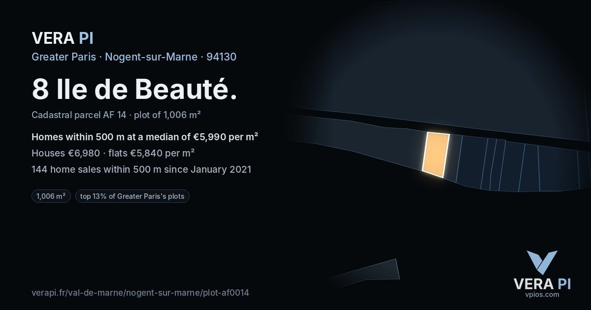 8 Ile de Beauté, Nogent-sur-Marne at night – the plot lit, the parcels around coloured by the prices near them