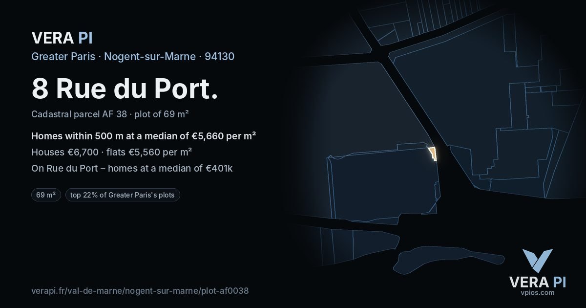 8 Rue du Port, Nogent-sur-Marne at night – the plot lit, the parcels around coloured by the prices near them