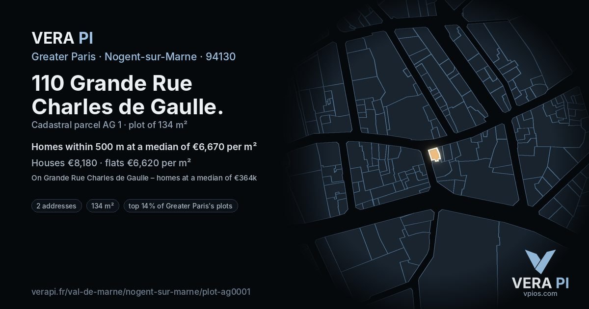 110 Grande Rue Charles de Gaulle, Nogent-sur-Marne at night – the plot lit, the parcels around coloured by the prices near them
