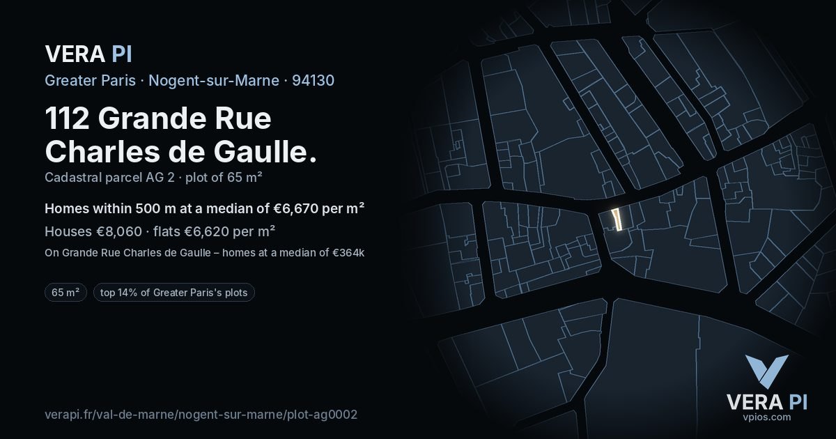 112 Grande Rue Charles de Gaulle, Nogent-sur-Marne at night – the plot lit, the parcels around coloured by the prices near them
