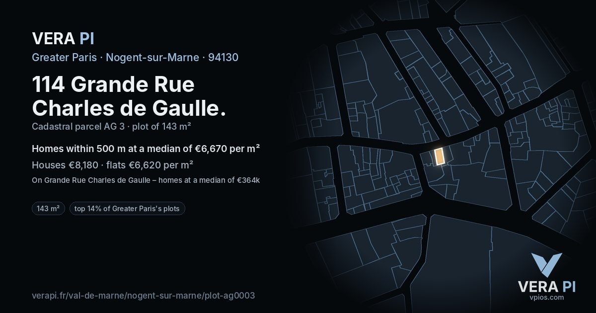 114 Grande Rue Charles de Gaulle, Nogent-sur-Marne at night – the plot lit, the parcels around coloured by the prices near them