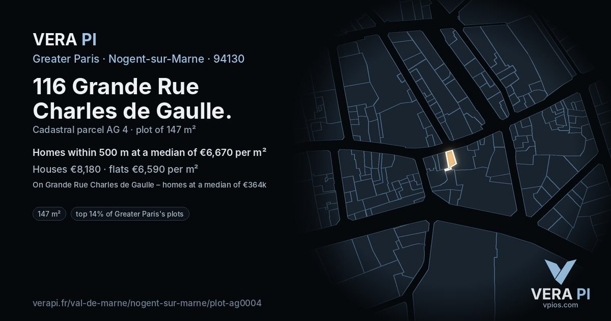 116 Grande Rue Charles de Gaulle, Nogent-sur-Marne at night – the plot lit, the parcels around coloured by the prices near them