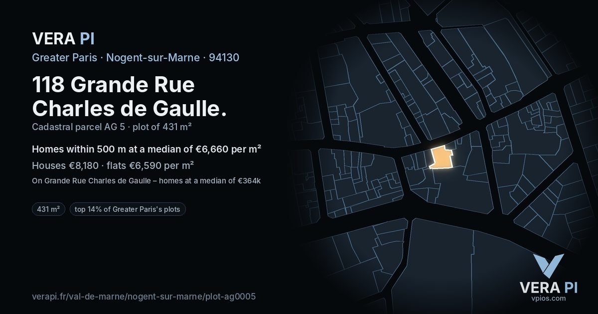 118 Grande Rue Charles de Gaulle, Nogent-sur-Marne at night – the plot lit, the parcels around coloured by the prices near them