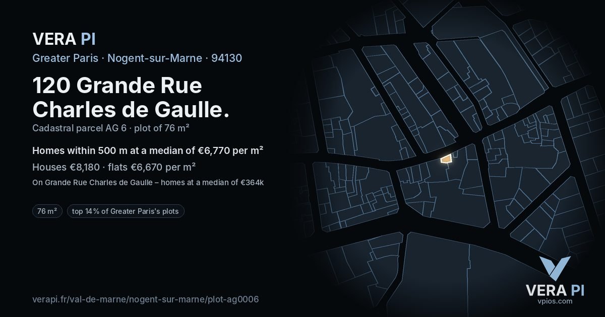 120 Grande Rue Charles de Gaulle, Nogent-sur-Marne at night – the plot lit, the parcels around coloured by the prices near them