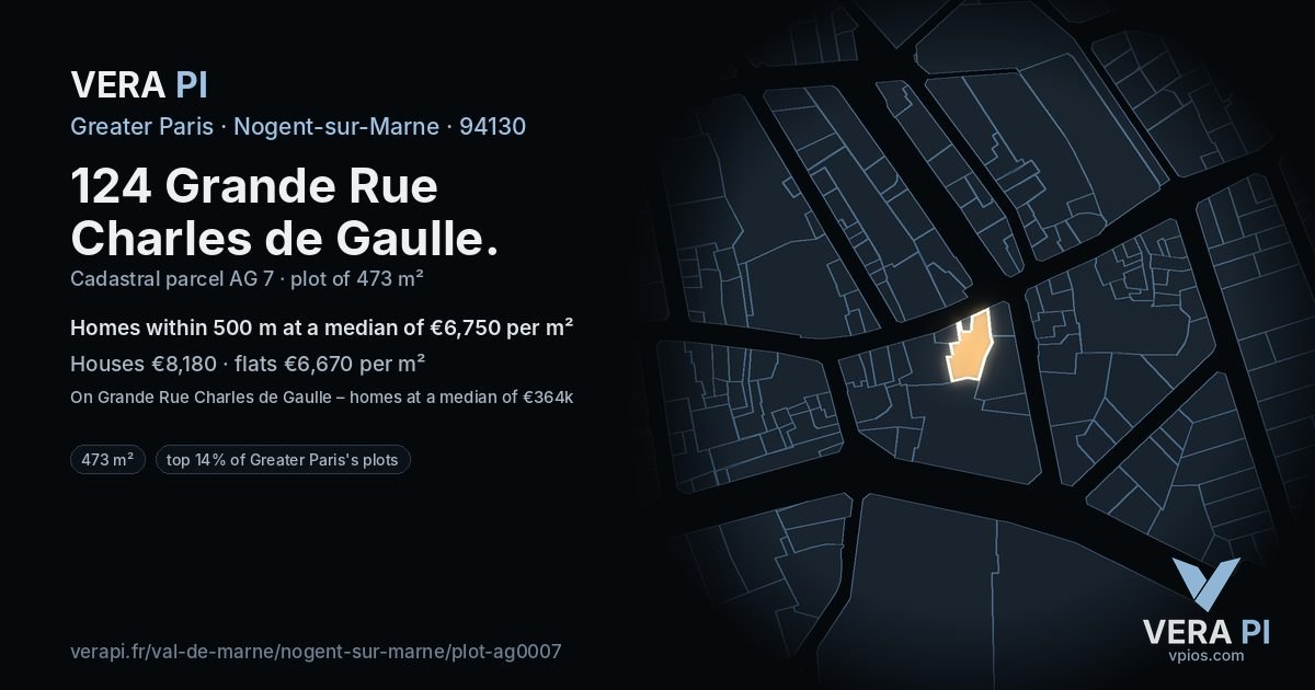 124 Grande Rue Charles de Gaulle, Nogent-sur-Marne at night – the plot lit, the parcels around coloured by the prices near them