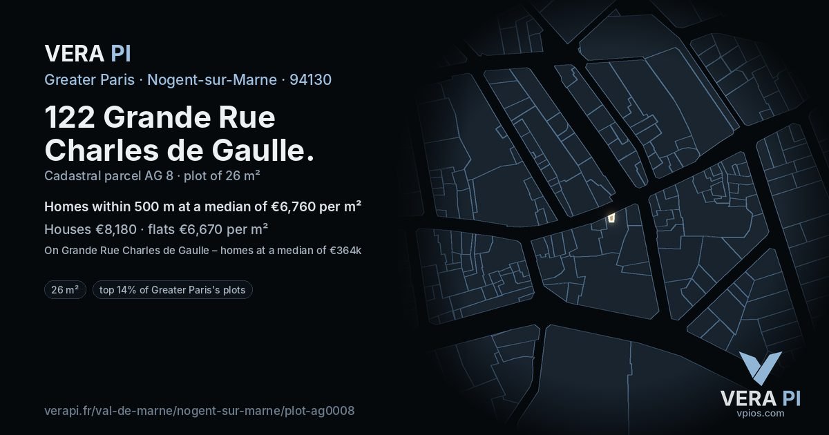 122 Grande Rue Charles de Gaulle, Nogent-sur-Marne at night – the plot lit, the parcels around coloured by the prices near them