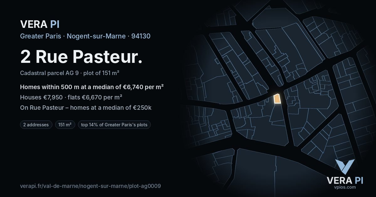 2 Rue Pasteur, Nogent-sur-Marne at night – the plot lit, the parcels around coloured by the prices near them