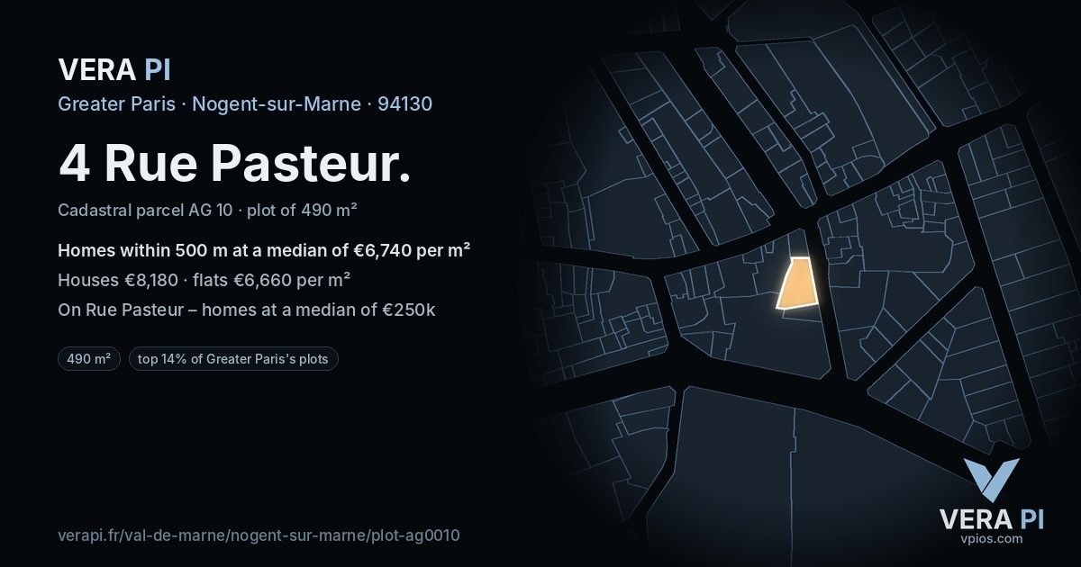 4 Rue Pasteur, Nogent-sur-Marne at night – the plot lit, the parcels around coloured by the prices near them