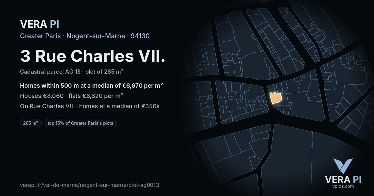 3 Rue Charles VII, Nogent-sur-Marne at night – the plot lit, the parcels around coloured by the prices near them