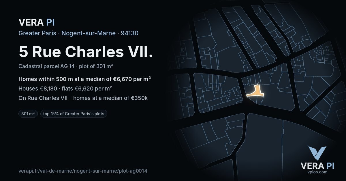 5 Rue Charles VII, Nogent-sur-Marne at night – the plot lit, the parcels around coloured by the prices near them