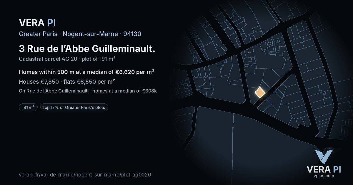 3 Rue de l’Abbe Guilleminault, Nogent-sur-Marne at night – the plot lit, the parcels around coloured by the prices near them