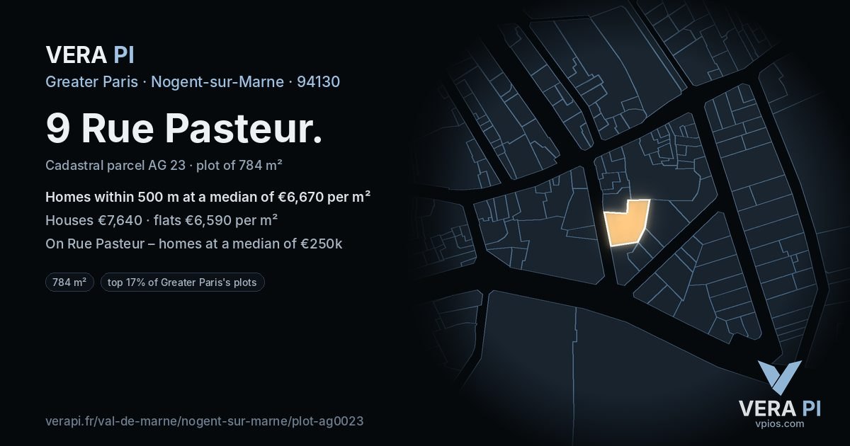 9 Rue Pasteur, Nogent-sur-Marne at night – the plot lit, the parcels around coloured by the prices near them