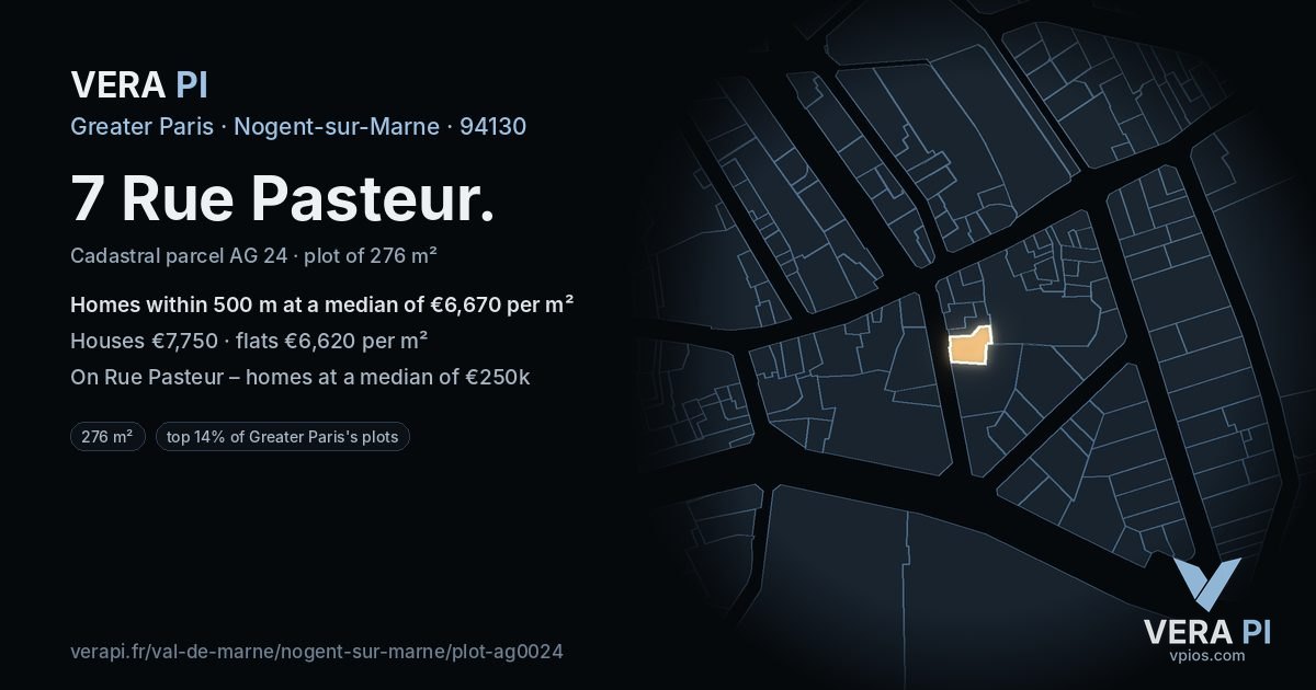 7 Rue Pasteur, Nogent-sur-Marne at night – the plot lit, the parcels around coloured by the prices near them