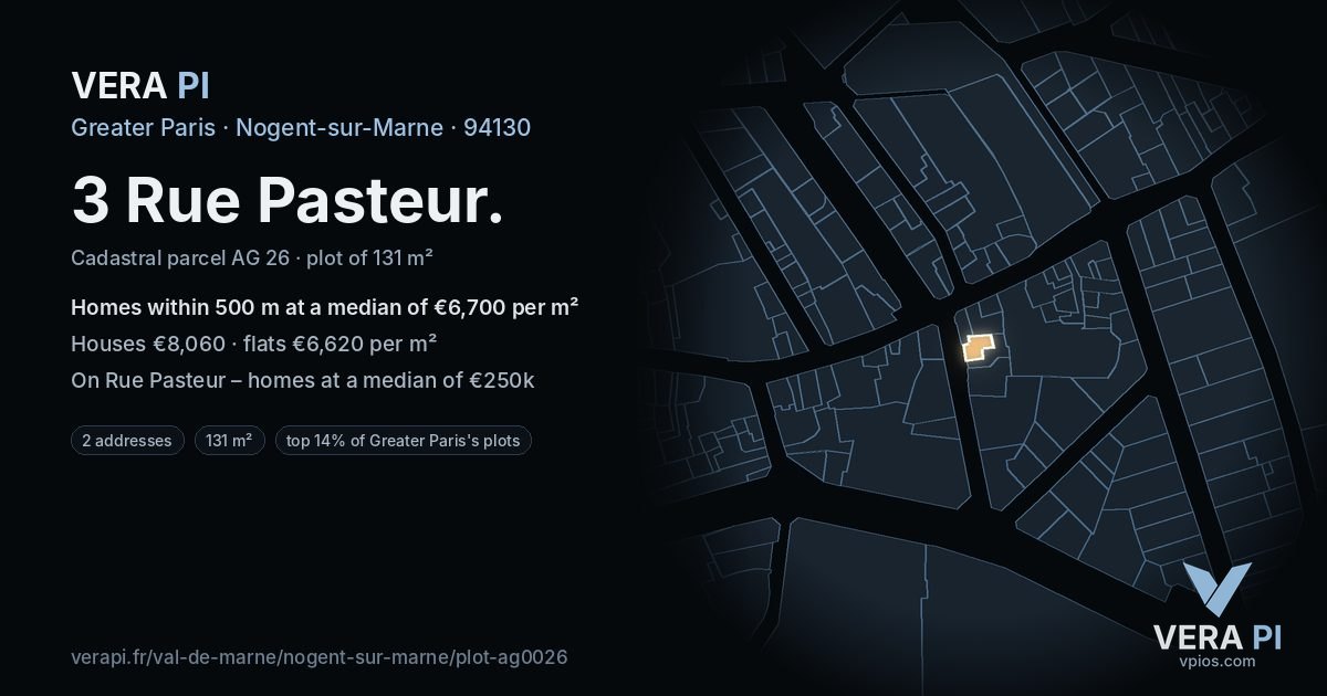 3 Rue Pasteur, Nogent-sur-Marne at night – the plot lit, the parcels around coloured by the prices near them