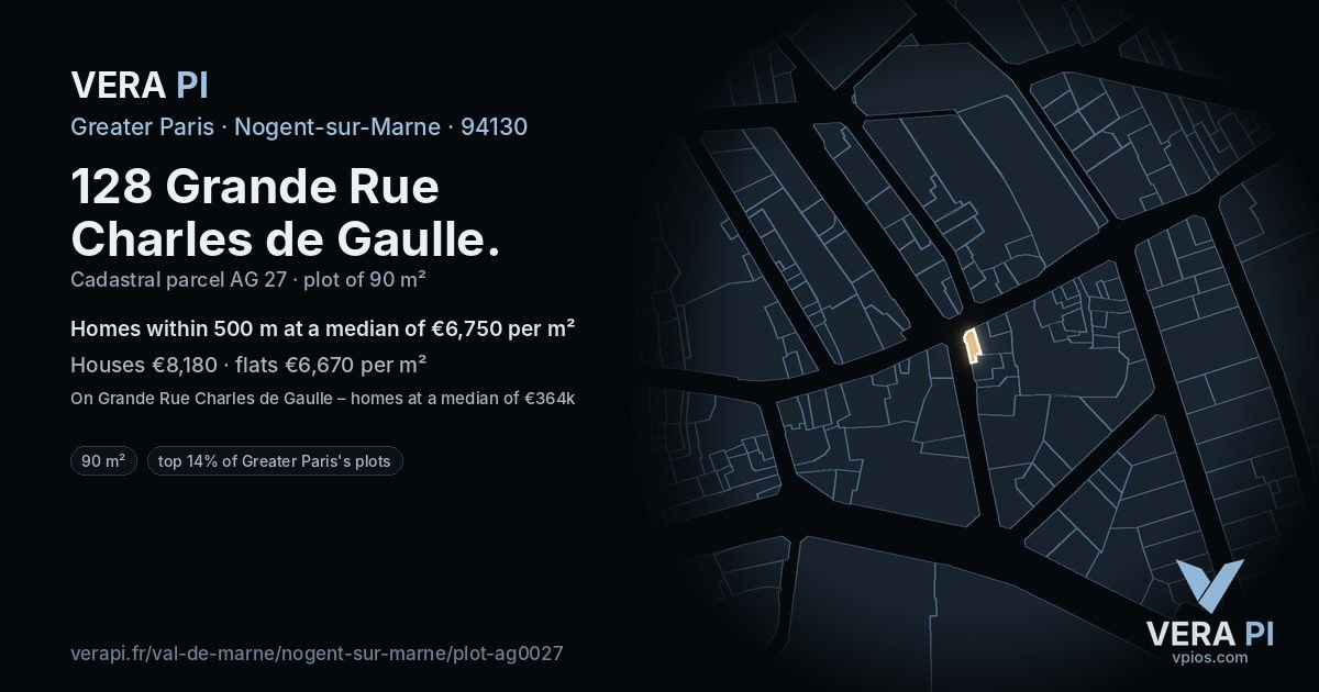 128 Grande Rue Charles de Gaulle, Nogent-sur-Marne at night – the plot lit, the parcels around coloured by the prices near them