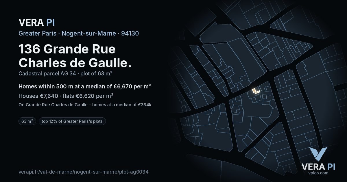 136 Grande Rue Charles de Gaulle, Nogent-sur-Marne at night – the plot lit, the parcels around coloured by the prices near them