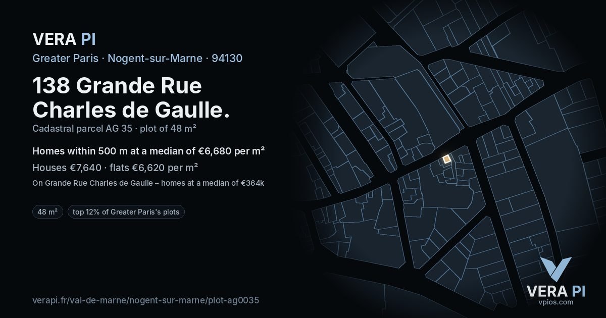 138 Grande Rue Charles de Gaulle, Nogent-sur-Marne at night – the plot lit, the parcels around coloured by the prices near them