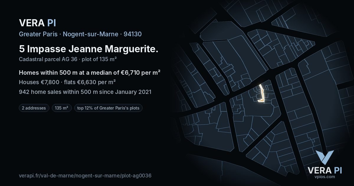 5 Impasse Jeanne Marguerite, Nogent-sur-Marne at night – the plot lit, the parcels around coloured by the prices near them