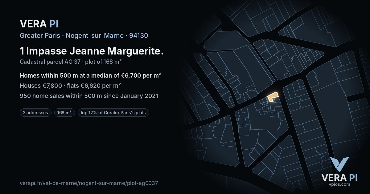 1 Impasse Jeanne Marguerite, Nogent-sur-Marne at night – the plot lit, the parcels around coloured by the prices near them