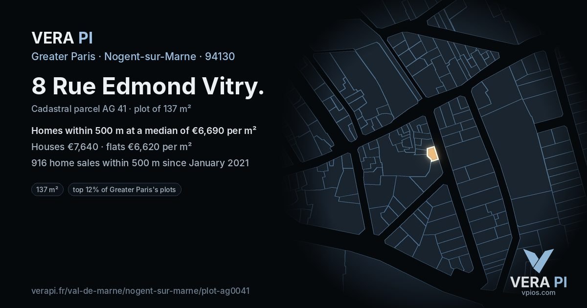 8 Rue Edmond Vitry, Nogent-sur-Marne at night – the plot lit, the parcels around coloured by the prices near them