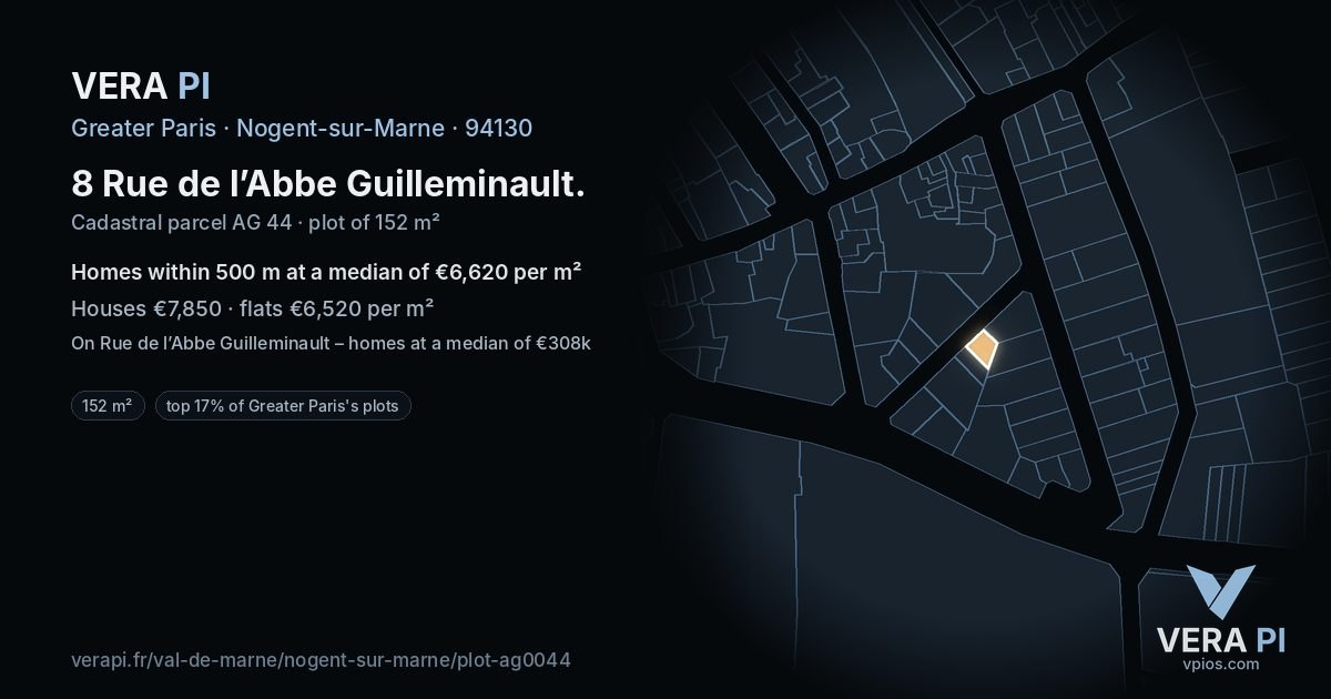 8 Rue de l’Abbe Guilleminault, Nogent-sur-Marne at night – the plot lit, the parcels around coloured by the prices near them