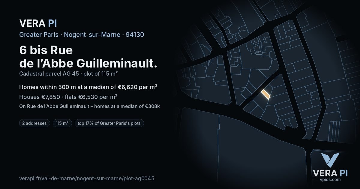 6 bis Rue de l’Abbe Guilleminault, Nogent-sur-Marne at night – the plot lit, the parcels around coloured by the prices near them