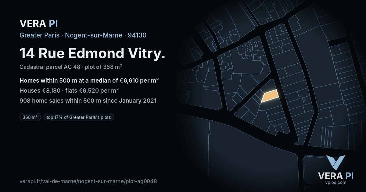 14 Rue Edmond Vitry, Nogent-sur-Marne at night – the plot lit, the parcels around coloured by the prices near them