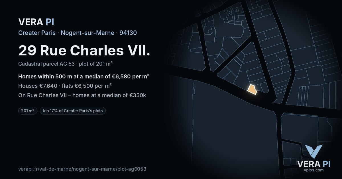 29 Rue Charles VII, Nogent-sur-Marne at night – the plot lit, the parcels around coloured by the prices near them