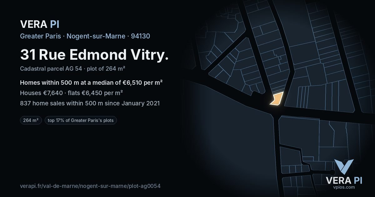 31 Rue Edmond Vitry, Nogent-sur-Marne at night – the plot lit, the parcels around coloured by the prices near them