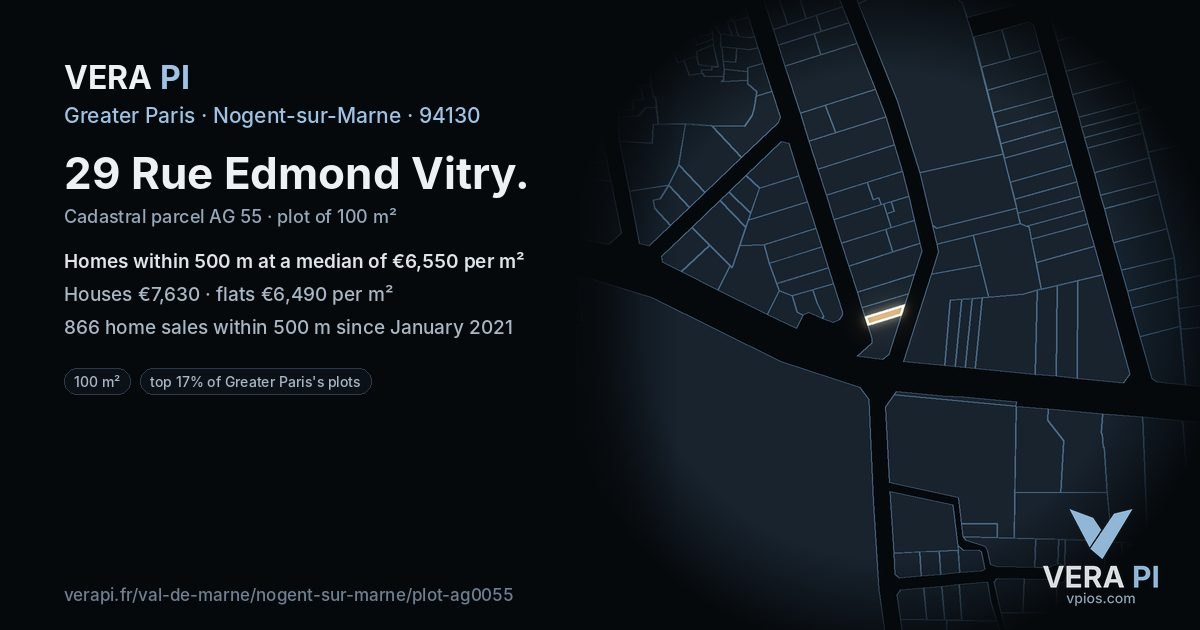29 Rue Edmond Vitry, Nogent-sur-Marne at night – the plot lit, the parcels around coloured by the prices near them