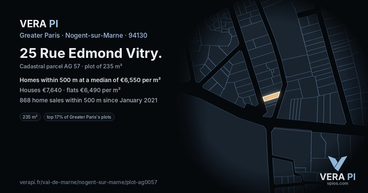 25 Rue Edmond Vitry, Nogent-sur-Marne at night – the plot lit, the parcels around coloured by the prices near them