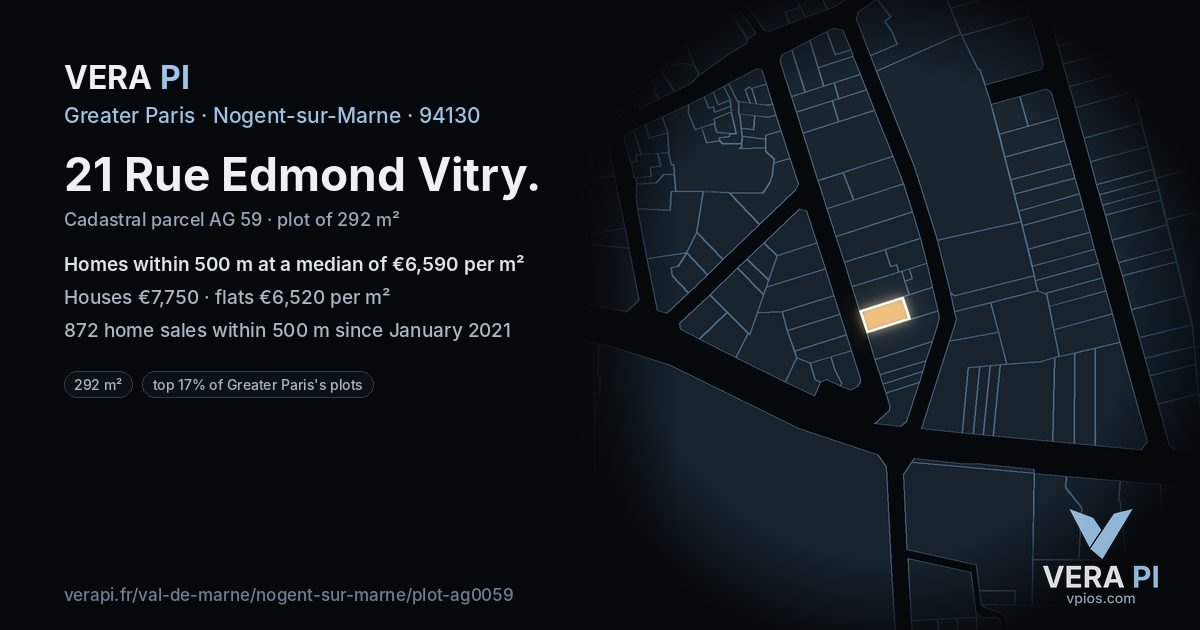 21 Rue Edmond Vitry, Nogent-sur-Marne at night – the plot lit, the parcels around coloured by the prices near them