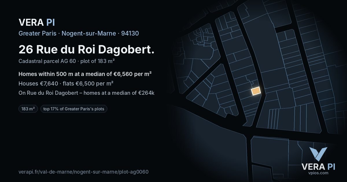 26 Rue du Roi Dagobert, Nogent-sur-Marne at night – the plot lit, the parcels around coloured by the prices near them