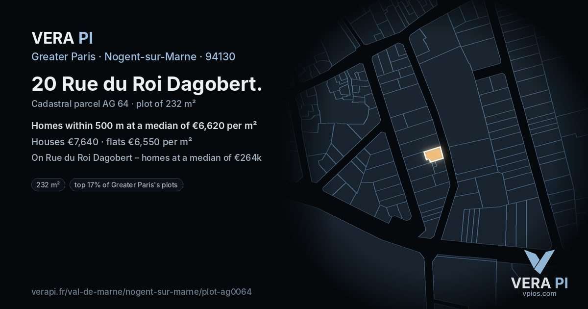 20 Rue du Roi Dagobert, Nogent-sur-Marne at night – the plot lit, the parcels around coloured by the prices near them