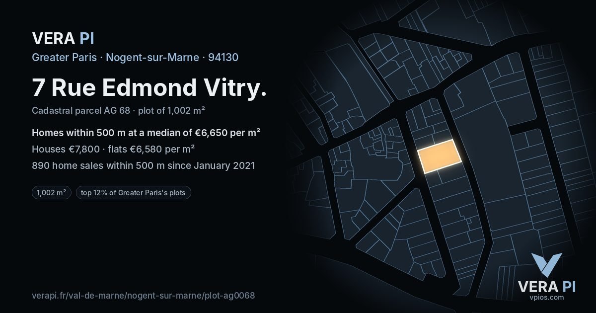 7 Rue Edmond Vitry, Nogent-sur-Marne at night – the plot lit, the parcels around coloured by the prices near them