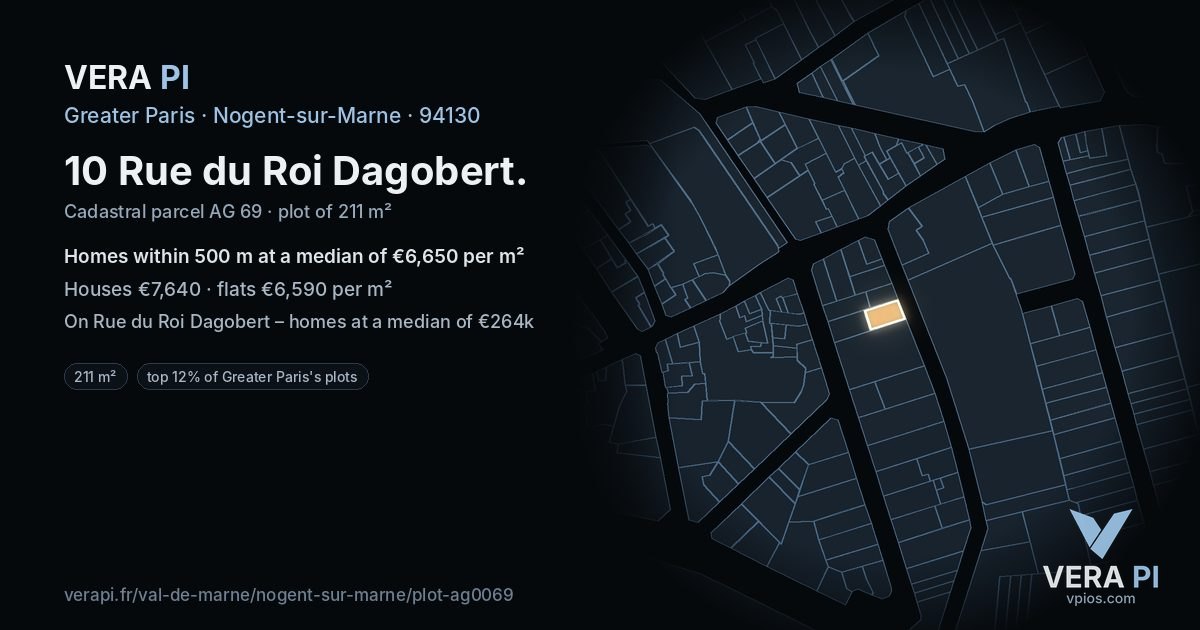 10 Rue du Roi Dagobert, Nogent-sur-Marne at night – the plot lit, the parcels around coloured by the prices near them