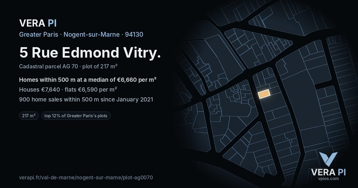 5 Rue Edmond Vitry, Nogent-sur-Marne at night – the plot lit, the parcels around coloured by the prices near them