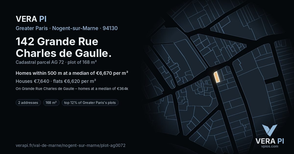 142 Grande Rue Charles de Gaulle, Nogent-sur-Marne at night – the plot lit, the parcels around coloured by the prices near them