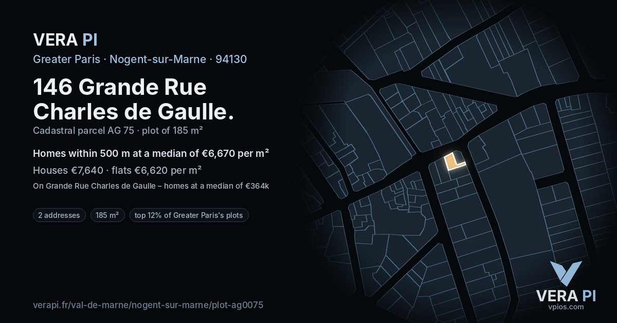 146 Grande Rue Charles de Gaulle, Nogent-sur-Marne at night – the plot lit, the parcels around coloured by the prices near them