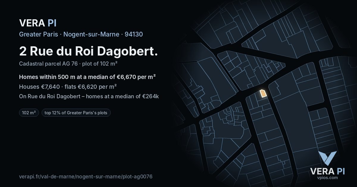 2 Rue du Roi Dagobert, Nogent-sur-Marne at night – the plot lit, the parcels around coloured by the prices near them