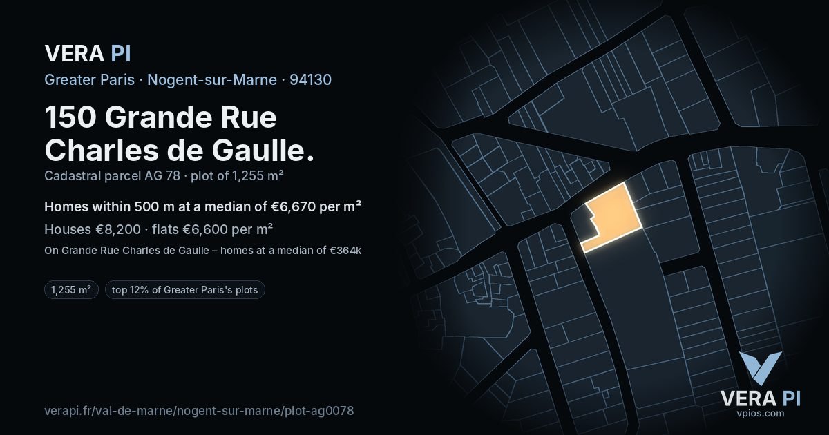 150 Grande Rue Charles de Gaulle, Nogent-sur-Marne at night – the plot lit, the parcels around coloured by the prices near them