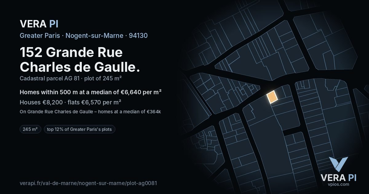 152 Grande Rue Charles de Gaulle, Nogent-sur-Marne at night – the plot lit, the parcels around coloured by the prices near them