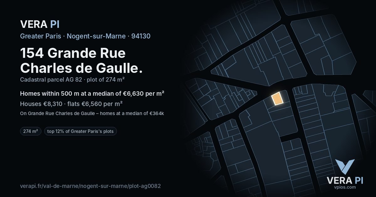 154 Grande Rue Charles de Gaulle, Nogent-sur-Marne at night – the plot lit, the parcels around coloured by the prices near them