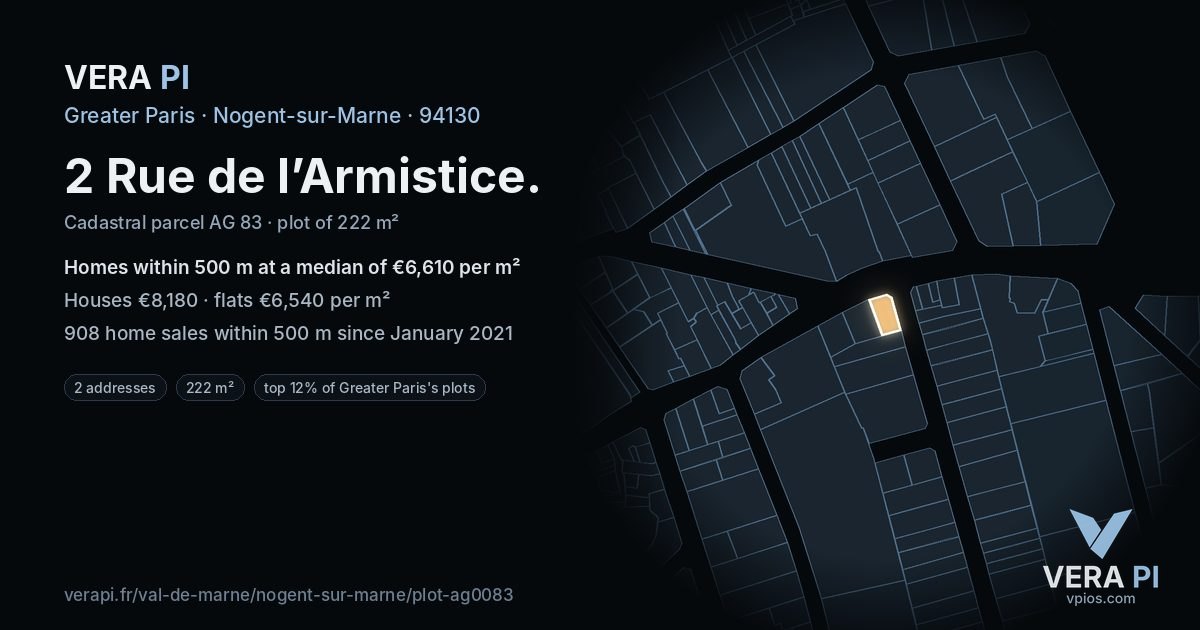 2 Rue de l’Armistice, Nogent-sur-Marne at night – the plot lit, the parcels around coloured by the prices near them