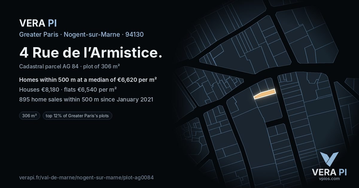 4 Rue de l’Armistice, Nogent-sur-Marne at night – the plot lit, the parcels around coloured by the prices near them