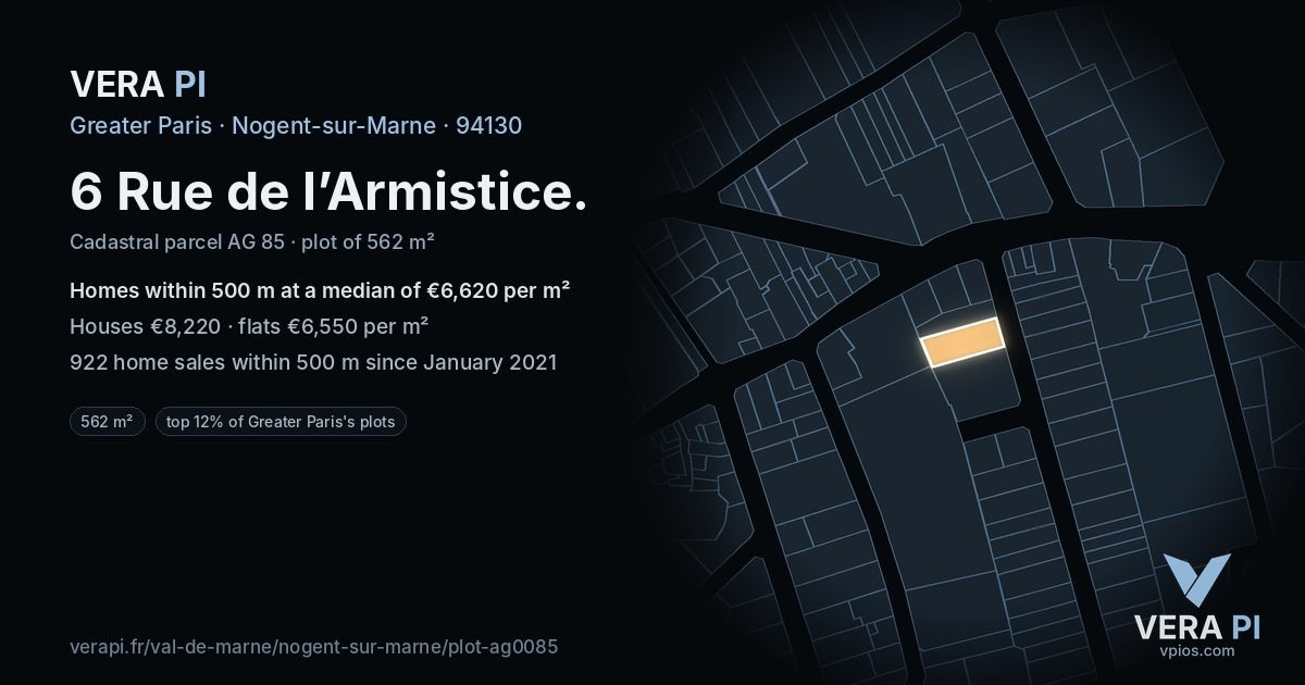 6 Rue de l’Armistice, Nogent-sur-Marne at night – the plot lit, the parcels around coloured by the prices near them