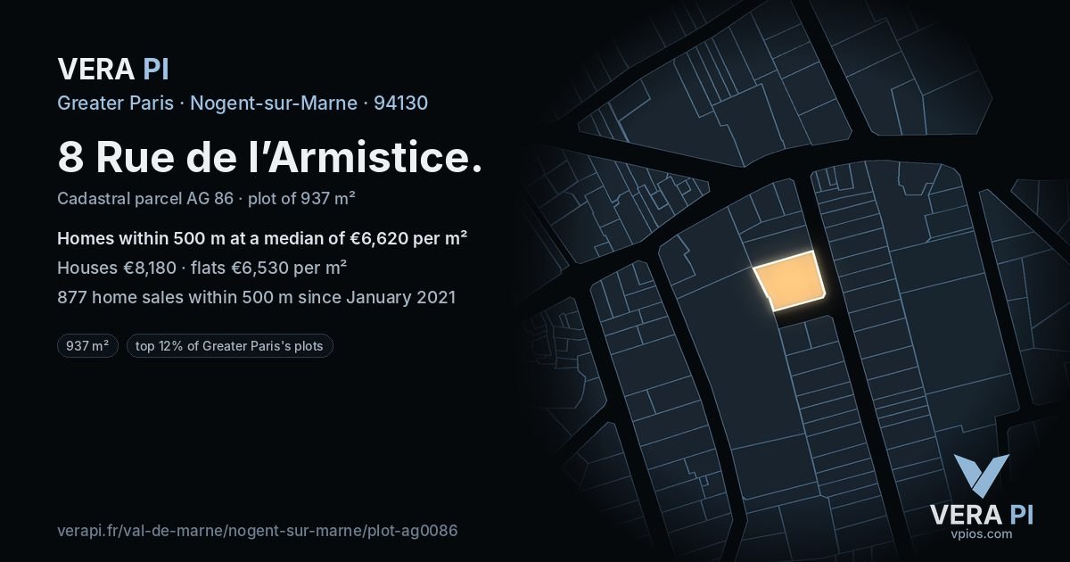 8 Rue de l’Armistice, Nogent-sur-Marne at night – the plot lit, the parcels around coloured by the prices near them