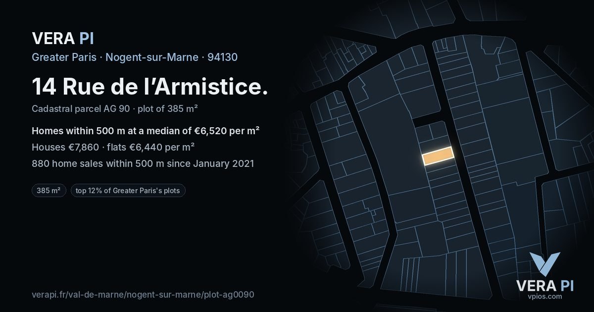 14 Rue de l’Armistice, Nogent-sur-Marne at night – the plot lit, the parcels around coloured by the prices near them